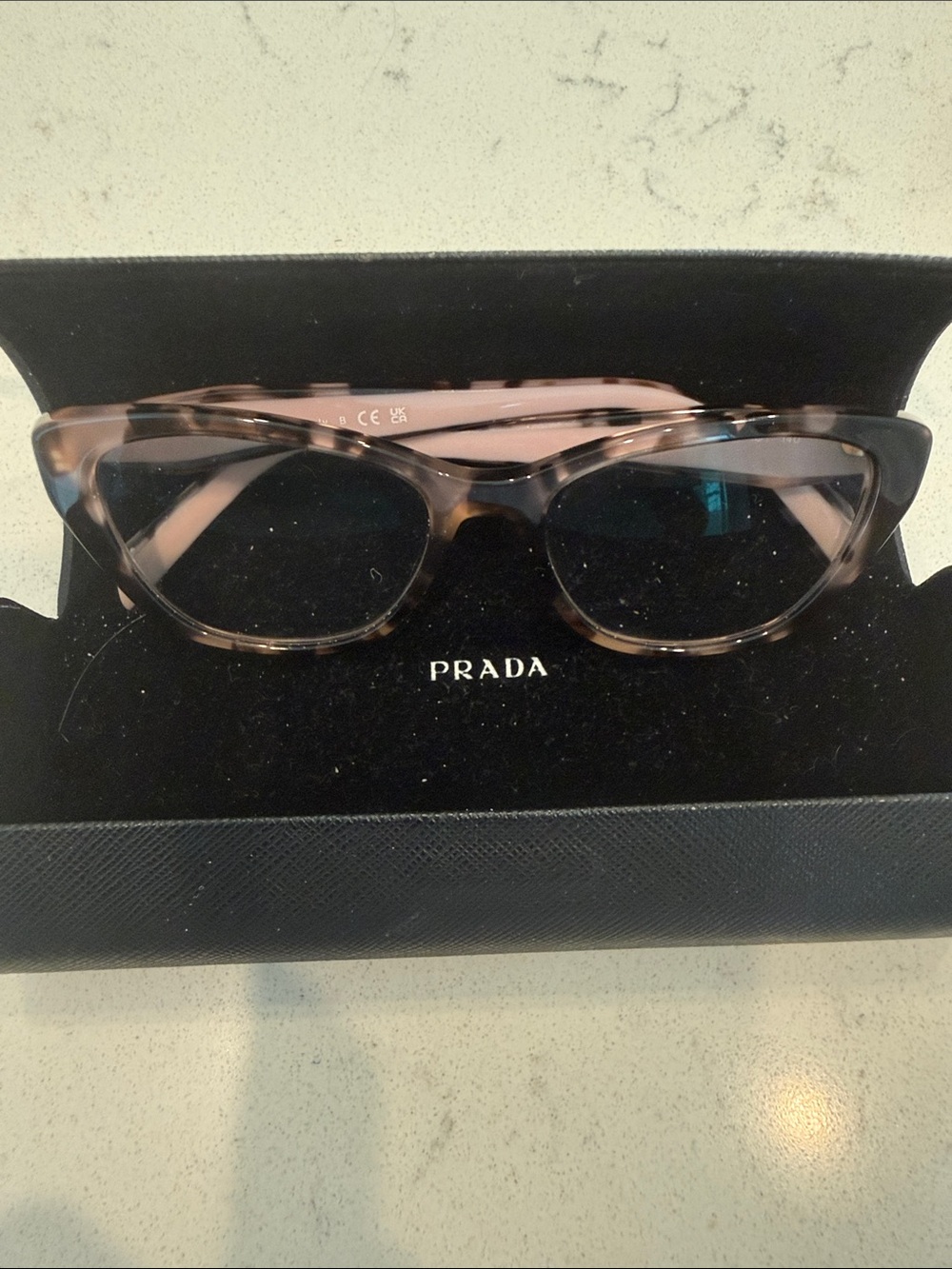Prada Tortoiseshell Cat-Eye Glasses with Subtle Pink Accents, prescription